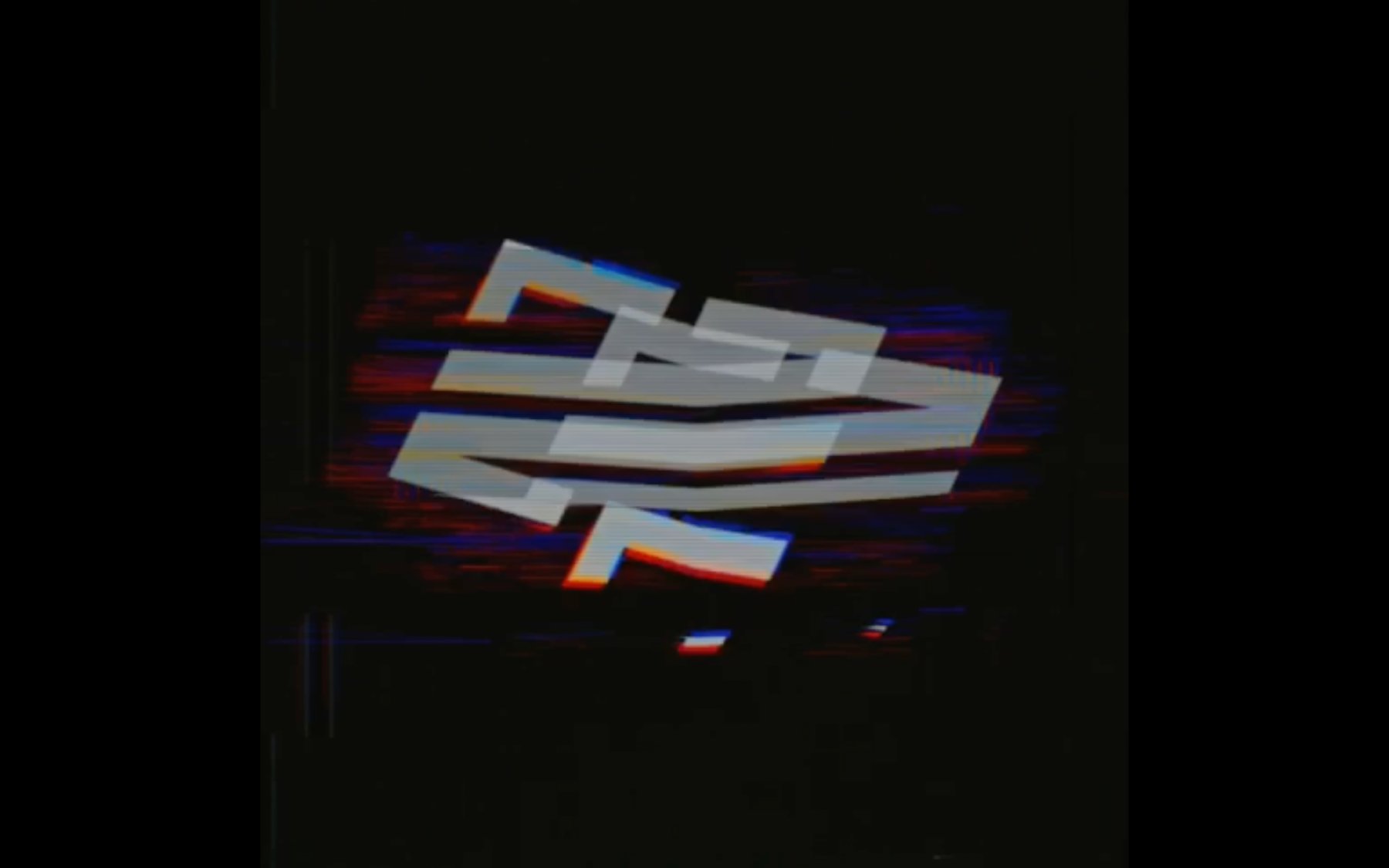 the logo mark as a glitched VHS still, the site's opening frame